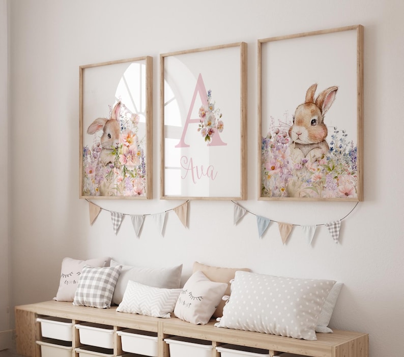 Bunny Nursery Prints, Floral, Watercolour, Personalised, Name, Pink, Wildflowers, Little Girls Wall Art, Nursery Prints, Rabbits zdjęcie 1