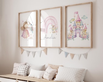 Unicorn Wall Art, Rainbow Decor, Girls Bedroom Prints, Pink Unicorn Poster, Magical Nursery Print, Pastel Girls Room Art, Princess Castle