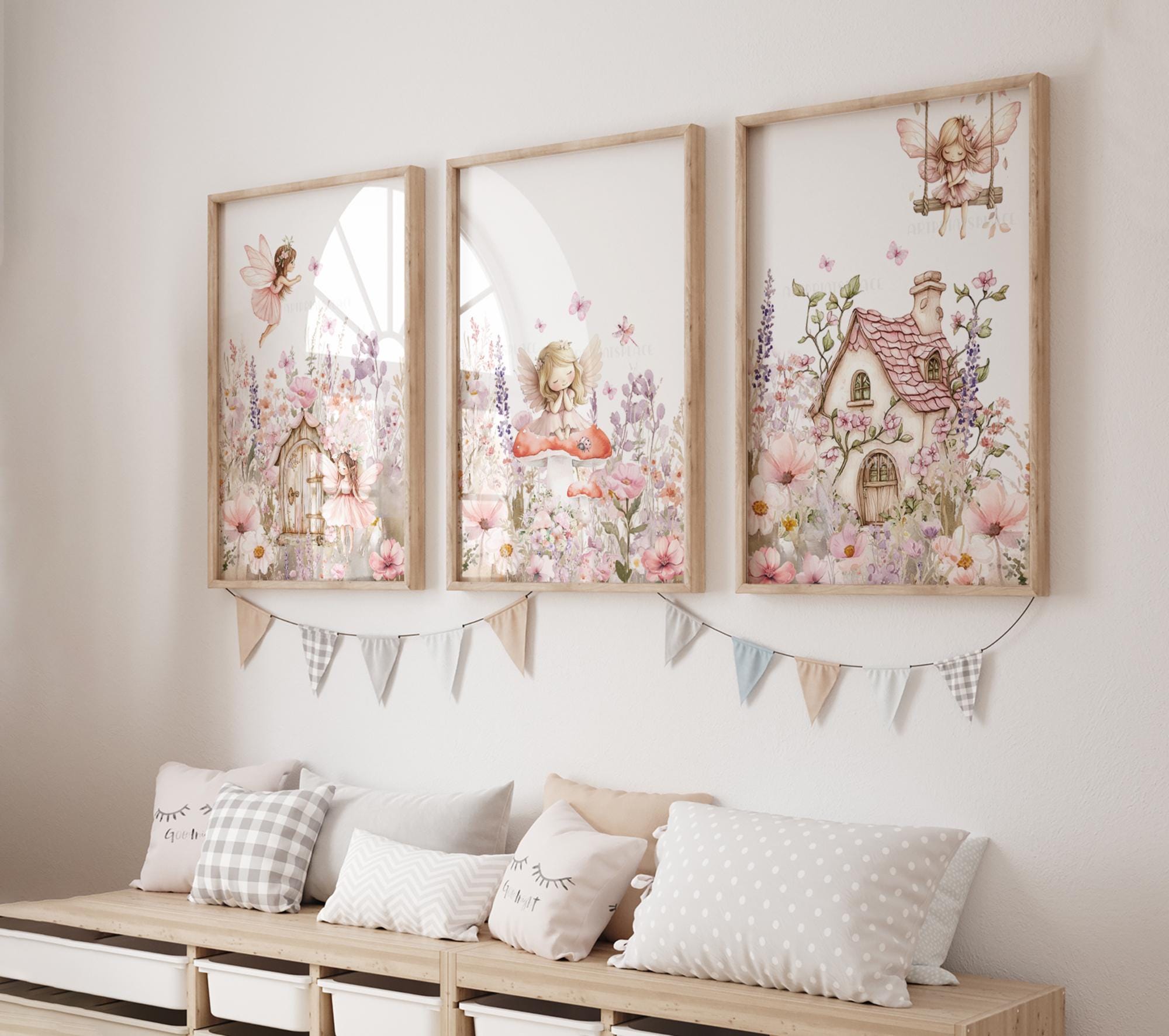 Girls Fairy Nursery Prints - Dusty Pink Floral Wall Art - Whimsical ...