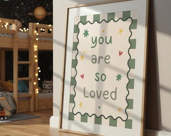 You Are So Loved Checkerboard Nursery Print, Green Toddler Wall Art for Kids Bedroom or Playroom.
