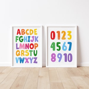 Láminas de alfabetos y números, carteles educativos para niños, brillantes y coloridos, colores del arcoíris, láminas para salas de juegos, aprendizaje, conteo, para niños