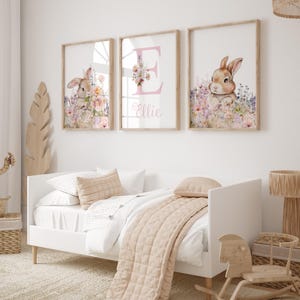Bunny Nursery Prints, Floral, Watercolour, Personalised, Name, Pink, Wildflowers, Little Girls Wall Art, Nursery Prints, Rabbits zdjęcie 2