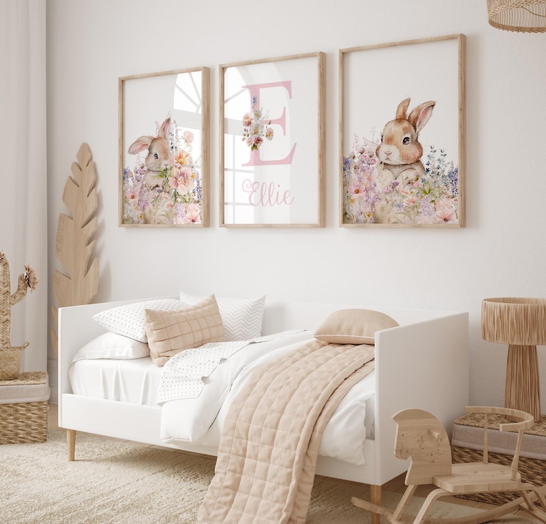 Bunny Nursery Prints, Floral, Watercolour, Personalised, Name, Pink, Wildflowers, Little Girls Wall Art, Nursery Prints, Rabbits zdjęcie 2