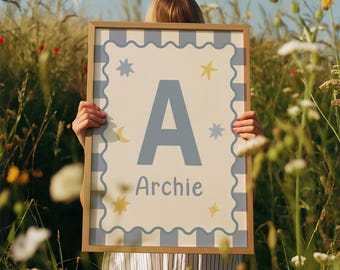 Personalised Checkerboard Initial Print, Kids Wall Art Print, Boys Nursery Decor,