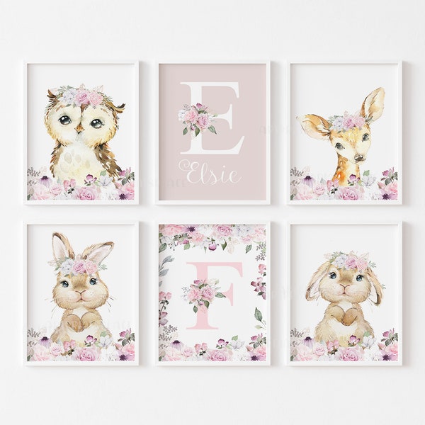 Girls Woodland Animal Prints, Nursery Prints, Girls Nursery Decor, Bunnies, Owl, Hedgehog, Pictures for Little Girls, Mix and Match