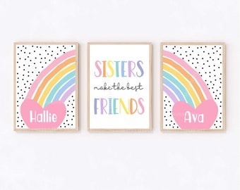 Sisters Prints, Twin Girl Prints, Rainbow Girls Room, Bedroom Decor, Personalised, Polkadots, Siblings, Daughters Room