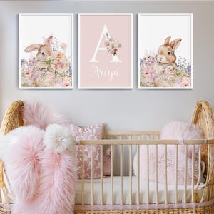 Pink Floral Bunny Prints, Set of 3 Girls Rabbit Prints, Name ...
