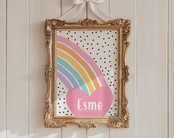 Personalized Girls Name Print, Heart Rainbow Wall Art, Colourful & Bright Kids Room Decor