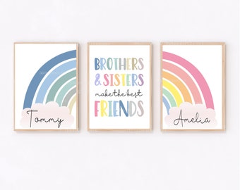 Brother and Sister Rainbow Prints, Set of 3, Kids Bedroom Wall Art, Wall Decor, Shared Room Posters, Rainbow, Kids Bedroom Wall Art