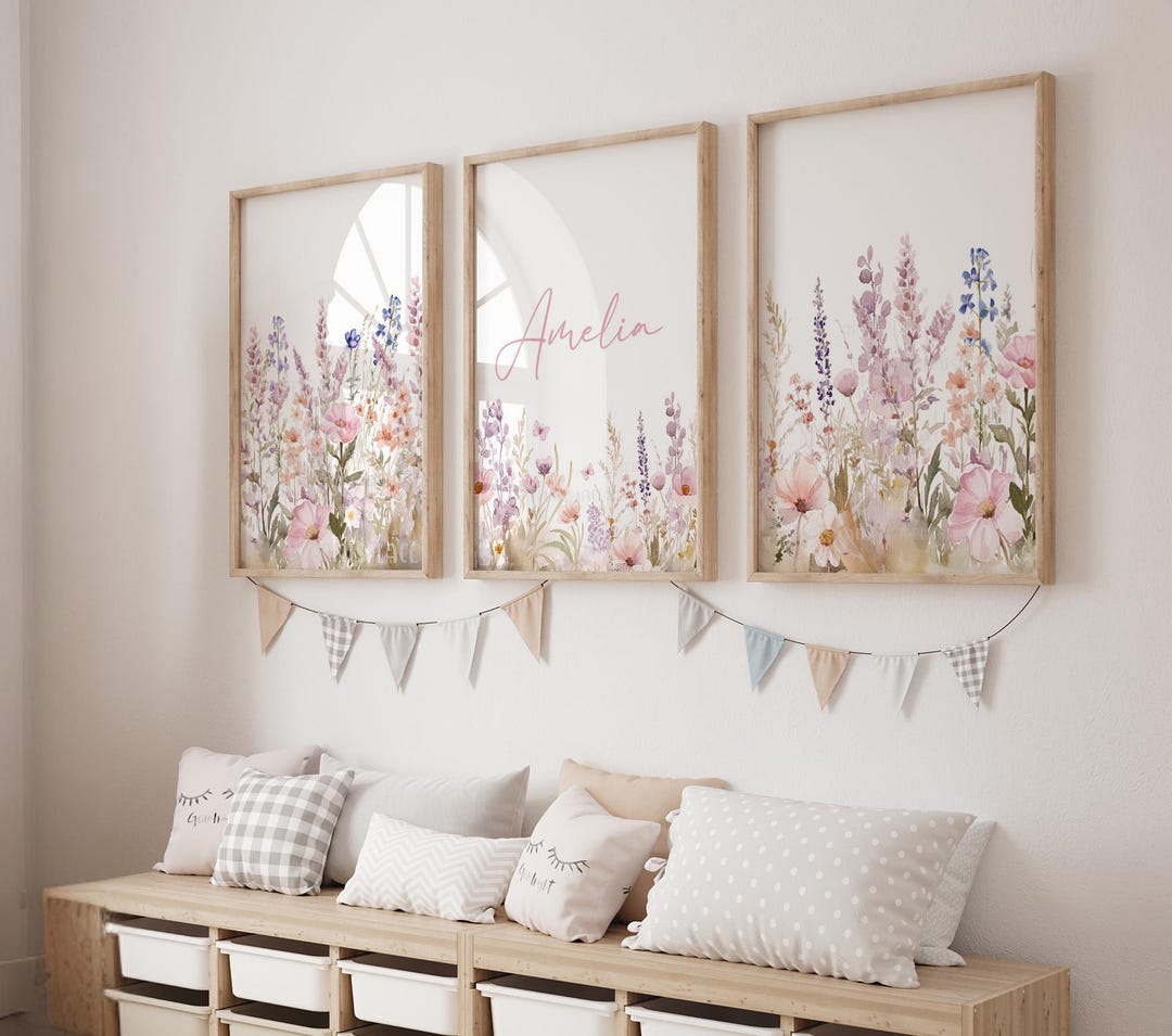 Girls Wildflower Nursery Prints, Floral Meadow, Custom Name ...