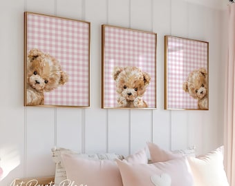 Peekaboo Bear Prints for a Baby Girl, Nursery Posters, Vintage Gingham, Nursery Room Decor