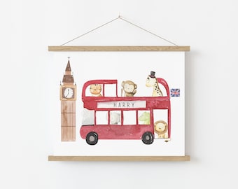 London Bus Print, Nursery Wall Art, Kids Name Print, Personalised, Safari Animals, Boys Bedroom Prints, Boys Decor, Gift, Present