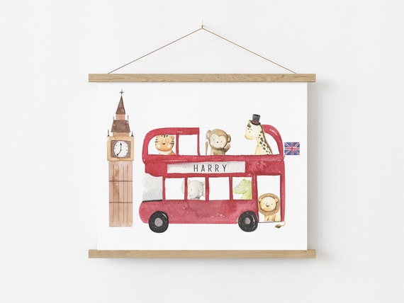 London Bus Print, Nursery Wall Art, Kids Name Print, Personalised, Safari Animals, Boys Bedroom Prints, Boys Decor, Gift, Present
