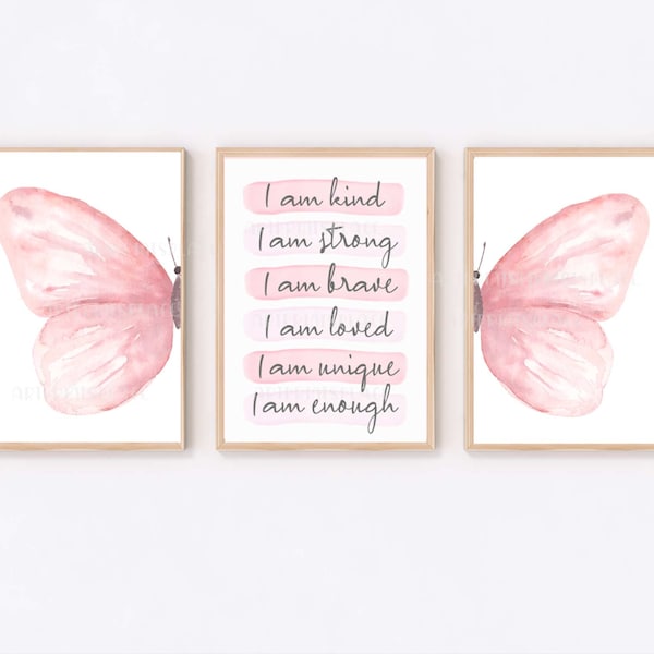 Girls Positive Affirmation Print, Set of 3, Pink, Butterfly Wall Art, Tween Bedroom Prints, Tween Room Ideas, Motivational, Girls Wall Art
