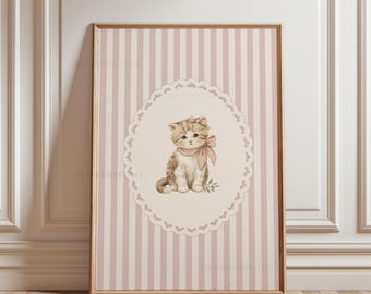 Kitten Print, Blush Pink Stripes, Home Decor, Cottagecore Poster