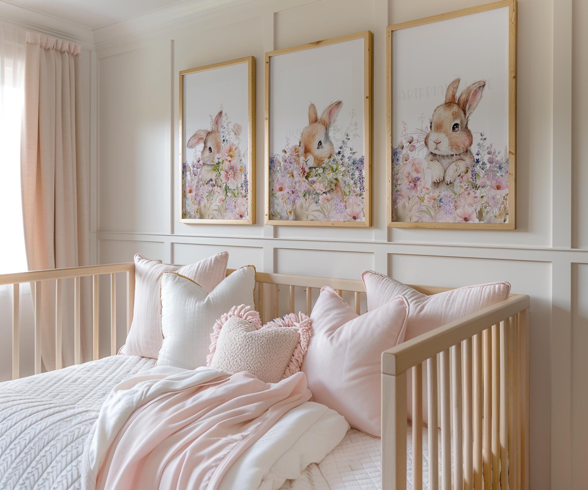 Bunny Rabbit Prints, Nursery Decor, Wildflower Animals, Set of 3 Prints