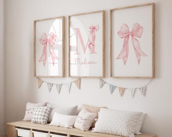 Pink Bow Nursery Prints, Set of 3, Watercolour Bow Prints, Sweet Pink, Custom Name, Girls Personalised Name, Coquette, Baby Nursery Wall Art