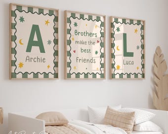 Personalised Boys Initial Print, Green Checkerboard Nursery Art, Brothers Bedroom Decor