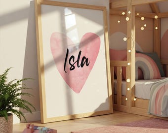 Girls Heart Print, Personalised Name, Tween & Teen Decor, Little Girls Prints, Watercolour