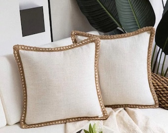 Square Farmhouse Pillow Cover with Burlap Trim /Sublimation Blank/Farmhouse Decorative Throw Pillow/Sublimation Blank/Pillow Cover Blank