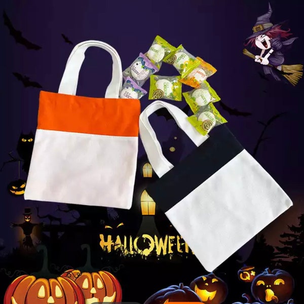 100% Sublimationszertifizierte leere Halloween-Leckerli-Taschen / Sublimations-Halloween-Trick-oder-Treat-Einkaufstaschen / Benutzerdefinierte Süßigkeitstaschen / Schwarz oder Orange / Blank