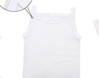 May include: White sleeveless baby bodysuit with a scoop neck and snap closure. The bodysuit has a delicate lace trim around the neckline.