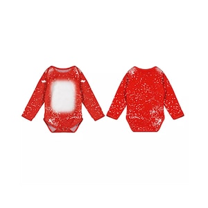 May include: Red long-sleeved baby onesie with a white splatter paint design. The onesie has a blank white square on the front.