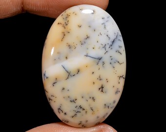 May include: A white oval cabochon with black dendritic inclusions. The stone has a smooth, polished surface and a translucent appearance.