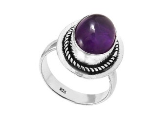 Cabochon Amethyst Ring: Handmade 925 Sterling Silver, Size 8