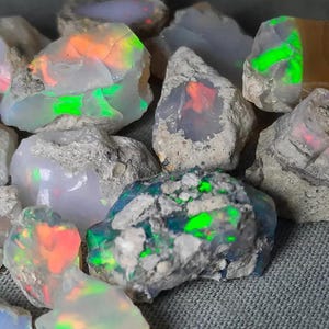 May include: A selection of rough opal stones, displaying vivid flashes of colour. The opals exhibit a spectrum of hues, including green, orange, and red, set against grey and white rock. These natural gemstones are suitable for jewellery making.