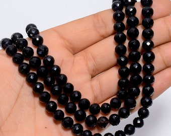 419 Ct Natural Black Onyx Faceted Round Beads: 7x7 mm Adjustable Necklace