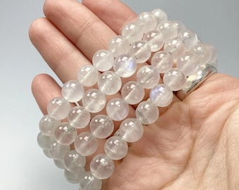 Rainbow MOONSTONE Crystal Bracelet with Round Beads - Beaded Gemstone Handmade Jewelry Gift for Her