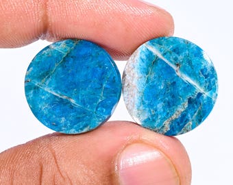 Par de cabujones de apatita azul natural: piedras preciosas redondas (19 x 4 mm, 37,30 ct)
