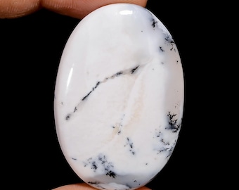 May include: White oval cabochon with black dendritic patterns. The stone has a smooth, polished surface and is translucent.