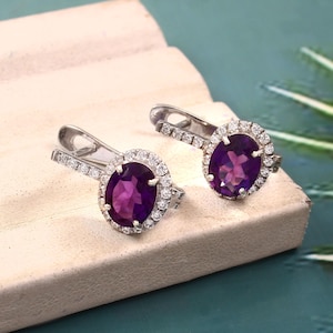 Natural Amethyst Stud Earring-Amethyst Birthstone Earrings-Purple Amethyst Stud Earring-925 Silver Oval Amethyst Stud-Stud Earring