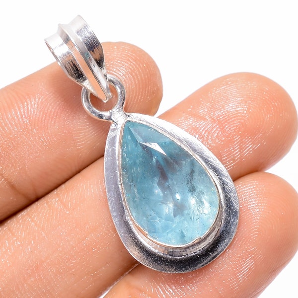 Exclusive Top Grade Quality 100% Natural Aquamarine Pear Shape Ethnic Style Handmade Jewelry 925 Sterling Silver Pendant 1.4" 4.7 gms. A-83