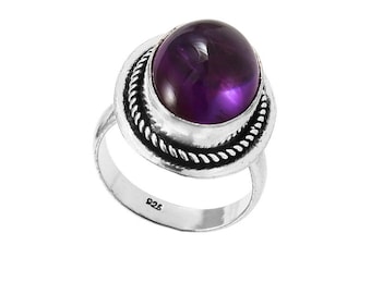 Cabochon Amethyst Ring: Handmade 925 Sterling Silver, Size 8