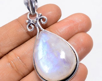 Rainbow Moonstone Pear Pendant: Vintage Style Sterling Silver Jewelry