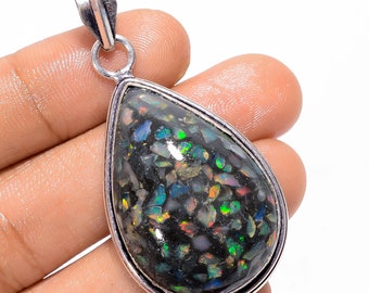 Spiny Ethiopian Opal Pendant: Pear Shape Sterling Silver Vintage Jewelry