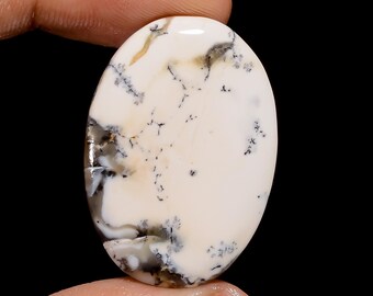 May include: White oval cabochon with dendritic agate pattern in shades of grey and brown.
