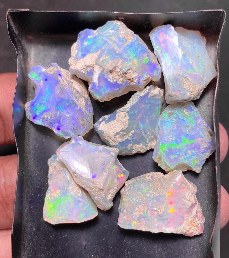 May include: A collection of raw opals with a milky white base and iridescent flashes of blue, green, and yellow. The rough gemstones are displayed in a dark tray, showcasing their natural, unpolished texture and vibrant play of color.