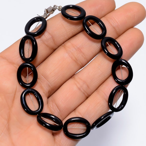 Éblouissant qualité supérieure 100% naturel noir Onyx ovale forme Go-Go perles de style lisse 14X12X3mm Bracelet 8 "35 Ct. C-6