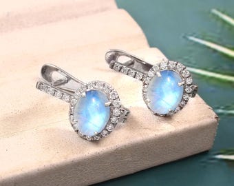 Oval Rainbow Moonstone Stud Earrings: 925 Sterling Silver