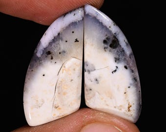 Dendrite Opal Cabochon Pair: Natural Gemstone for Earrings (26X12X3 MM, 15.80 Ct)
