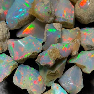 May include: A collection of raw, unpolished opal stones featuring a milky white base color with vibrant flashes of neon green, bright orange, and red play-of-color. Each stone displays irregular, jagged edges and rough, earthy, tan-colored rock matrix.