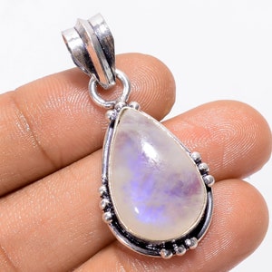 Rainbow Moonstone 925 Sterling Silver Pear Pendant - Handmade Vintage Style