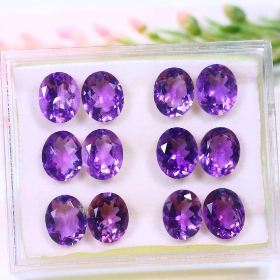 12 Purple Amethyst Gemstones: Faceted Oval Cut, 8x10mm