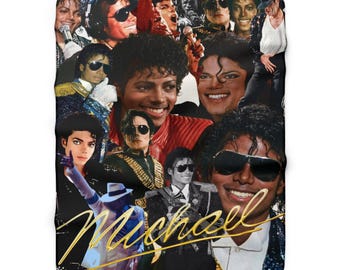 May include: A black and white blanket featuring a collage of images of Michael Jackson. The images include various poses and expressions, with some wearing sunglasses and military-style jackets. The word "Michael" is written in gold script.