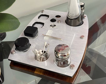 Puffco Dab Rig Station Organizer for Puffco Peak or Puffco Pro Concentrate Vaporizer, Includes ISO Pump, Swab Vase, Pearl White, Wood Base