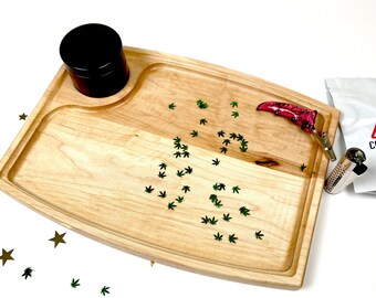 Premium Hard Wood Cannabis Herb Rolling Tray - Included Grinder - One Piece Rectangular Lap Size